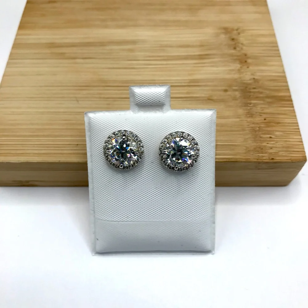 925 Sterling Silver 4.00CT  MOISSANITE  Round Halo Stud Earrings Screw Back